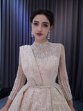 Prom Dress 2025 Champagne Beaded Formal Dresses Long Sleeve Wedding Dress 222134-unique wedding dresses-Champagne-Custom Size-Viniodress