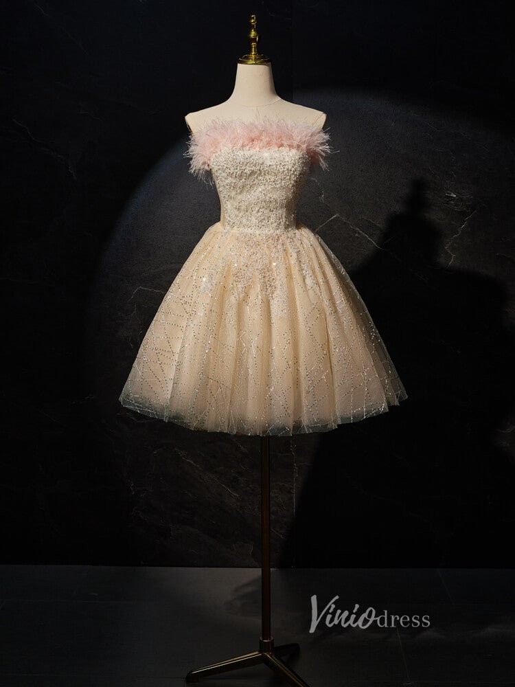 Champagne Beaded Homecoming Dresses Strapless Feather Party Dress BJ020-prom dresses 2025 -Viniodress-Champagne-Custom Size-