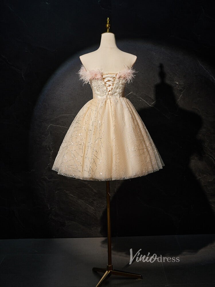 Champagne Beaded Homecoming Dresses Strapless Feather Party Dress BJ020-prom dresses 2025 -Viniodress-Champagne-Custom Size-