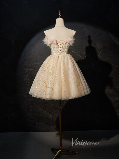 Champagne Beaded Homecoming Dresses Strapless Feather Party Dress BJ020-prom dresses 2025 -Viniodress-Champagne-Custom Size-