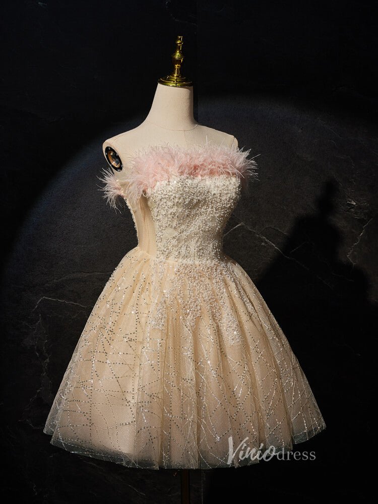 Champagne Beaded Homecoming Dresses Strapless Feather Party Dress BJ020-prom dresses 2025 -Viniodress-Champagne-Custom Size-