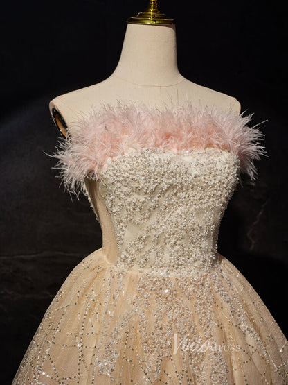 Champagne Beaded Homecoming Dresses Strapless Feather Party Dress BJ020-prom dresses 2025 -Viniodress-Champagne-Custom Size-