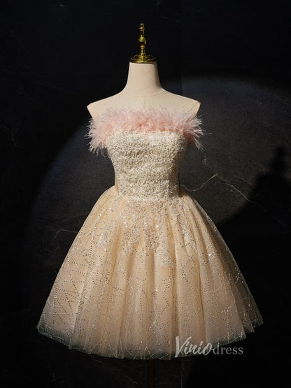 Champagne Beaded Homecoming Dresses Strapless Feather Party Dress BJ020-prom dresses 2025 -Viniodress-Champagne-Custom Size-