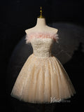 Champagne Beaded Homecoming Dresses Strapless Feather Party Dress BJ020