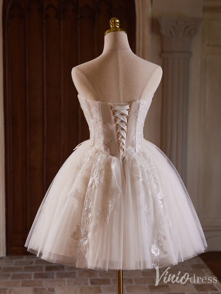 Champagne Beaded Lace Homecoming Dresses Strapless Short Prom Dress BJ040-prom dresses 2025 -Viniodress-Champagne-Custom Size-