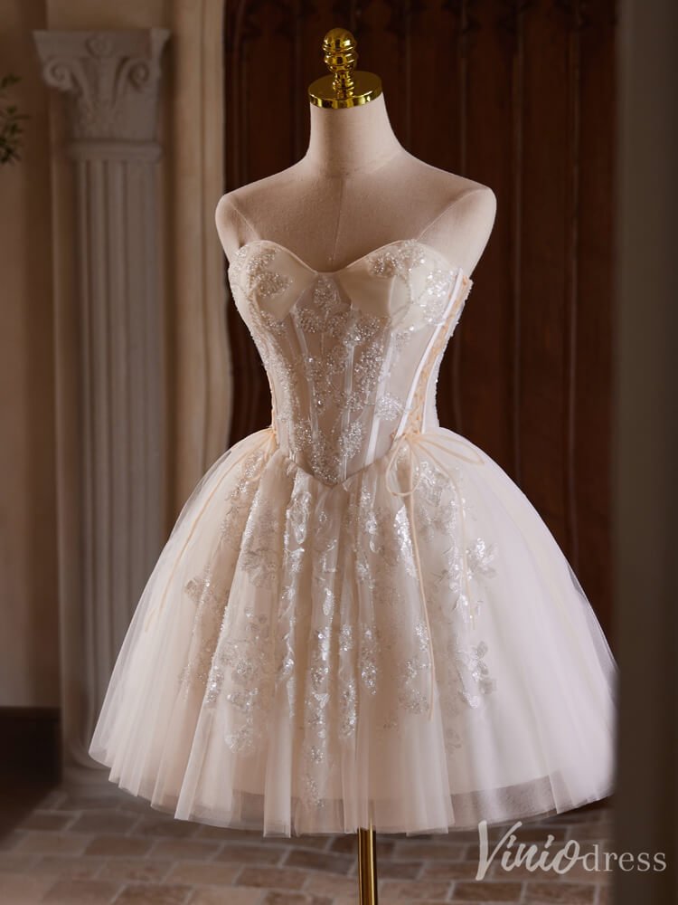 Champagne Beaded Lace Homecoming Dresses Strapless Short Prom Dress BJ040-prom dresses 2025 -Viniodress-Champagne-Custom Size-