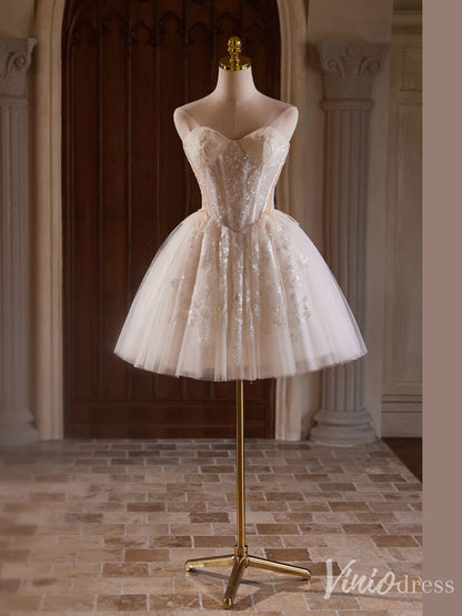 Champagne Beaded Lace Homecoming Dresses Strapless Short Prom Dress BJ040-prom dresses 2025 -Viniodress-Champagne-Custom Size-