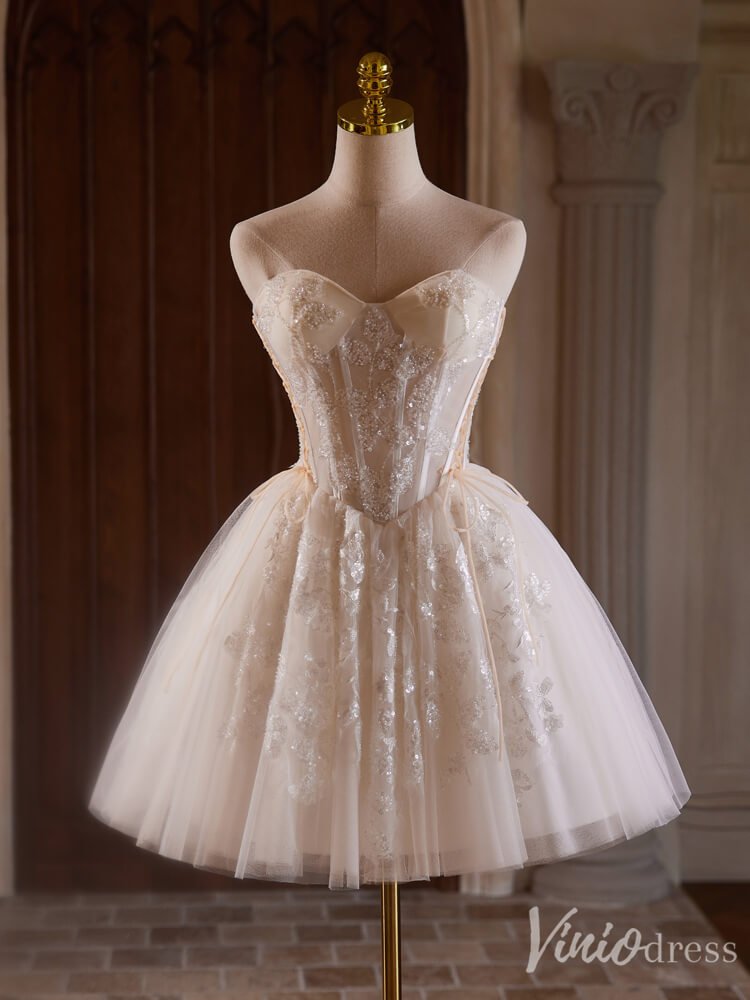 Champagne Beaded Lace Homecoming Dresses Strapless Short Prom Dress BJ040-prom dresses 2025 -Viniodress-Champagne-Custom Size-