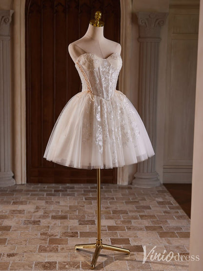 Champagne Beaded Lace Homecoming Dresses Strapless Short Prom Dress BJ040-prom dresses 2025 -Viniodress-Champagne-Custom Size-