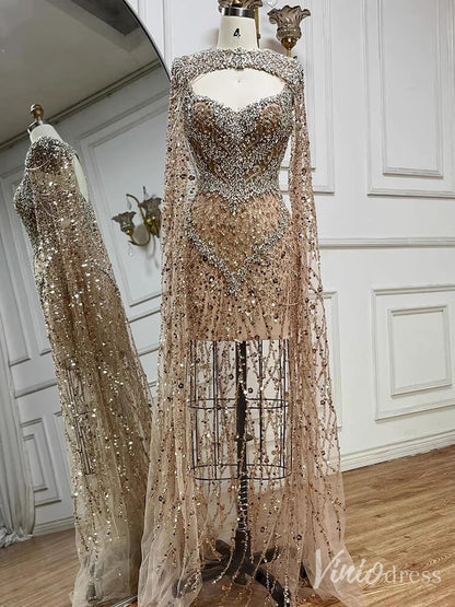 Champagne Beaded Lace Mermaid Prom Dresses Sheer Cape Sleeve Pageant Dress 20212-Evening Dresses 2025 -Viniodress-Champagne-US 2-