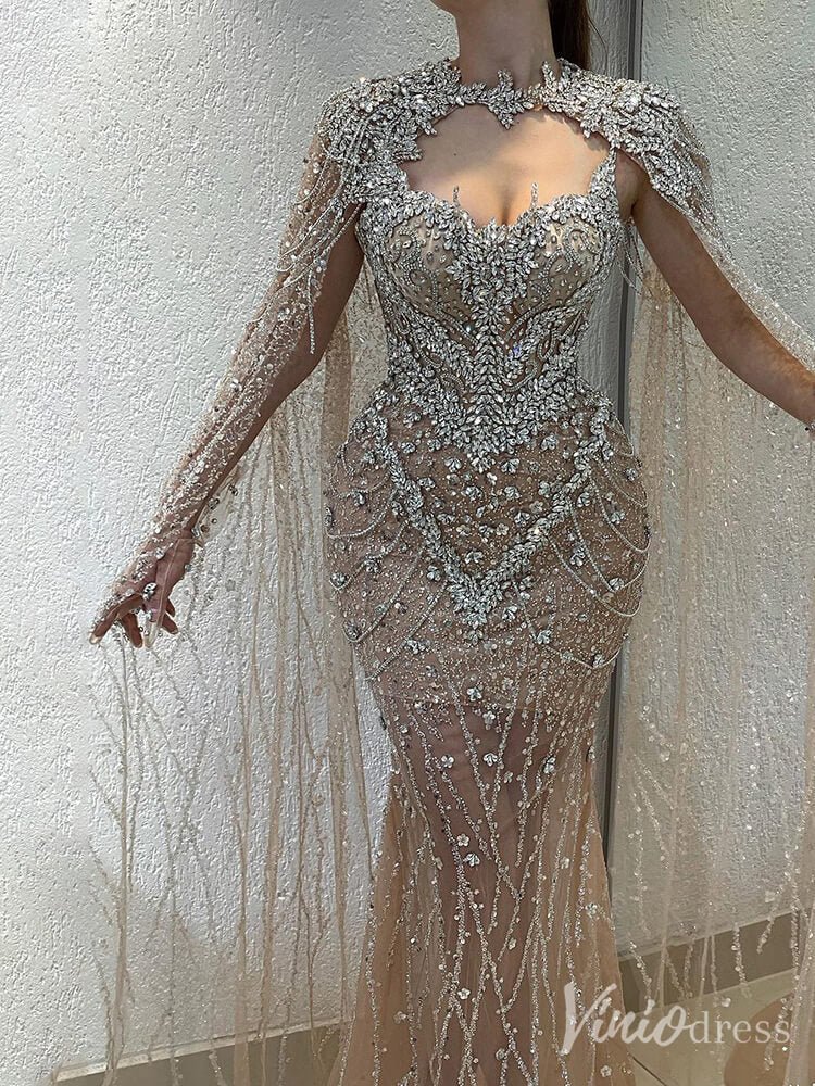 Champagne Beaded Lace Mermaid Prom Dresses Sheer Cape Sleeve Pageant Dress 20212-Evening Dresses 2025 -Viniodress-Champagne-US 2-