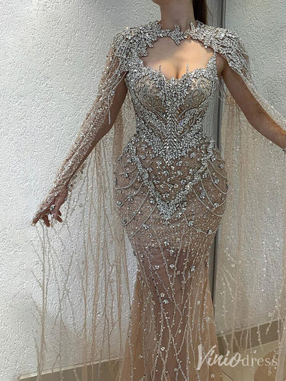 Champagne Beaded Lace Mermaid Prom Dresses Sheer Cape Sleeve Pageant Dress 20212-Evening Dresses 2025 -Viniodress-Champagne-US 2-