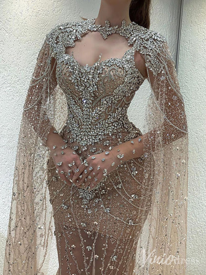 Champagne Beaded Lace Mermaid Prom Dresses Sheer Cape Sleeve Pageant Dress 20212-Evening Dresses 2025 -Viniodress-Champagne-US 2-