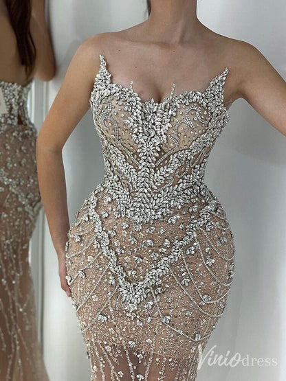 Champagne Beaded Lace Mermaid Prom Dresses Sheer Cape Sleeve Pageant Dress 20212-Evening Dresses 2025 -Viniodress-Champagne-US 2-