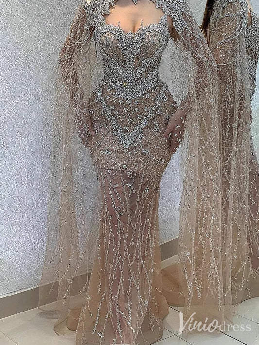 Champagne Beaded Lace Mermaid Prom Dresses Sheer Cape Sleeve Pageant Dress 20212-Evening Dresses 2025 -Viniodress-Champagne-US 2-