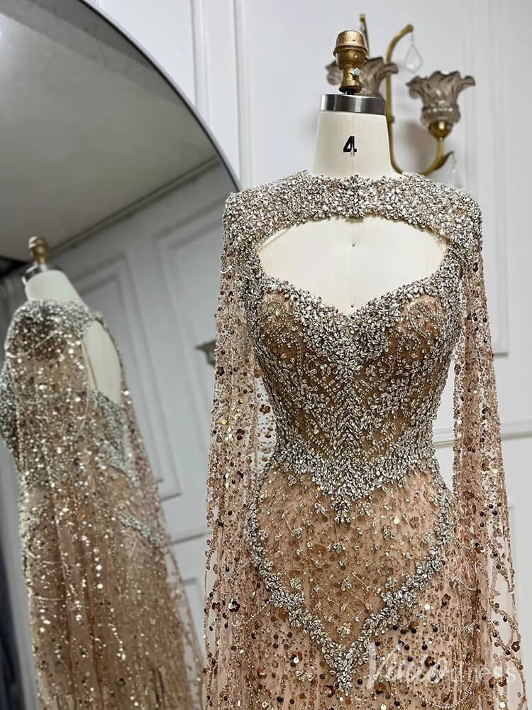 Champagne Beaded Lace Mermaid Prom Dresses Sheer Cape Sleeve Pageant Dress 20212-prom dresses-Viniodress-Viniodress