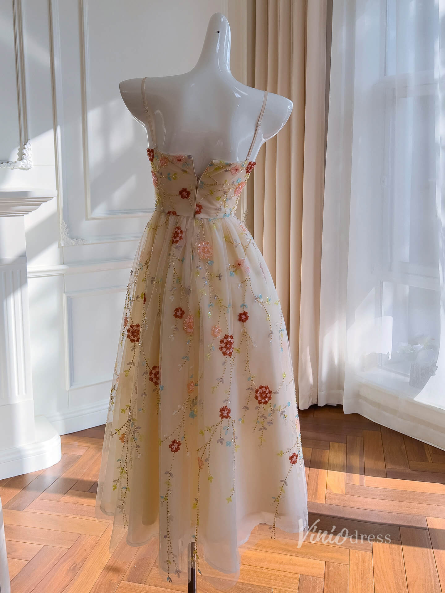 Champagne Beaded Lace Prom Dresses Spaghetti Strap Maxi Dress FD4025-prom dresses 2025 -Viniodress-Champagne-Custom Size-