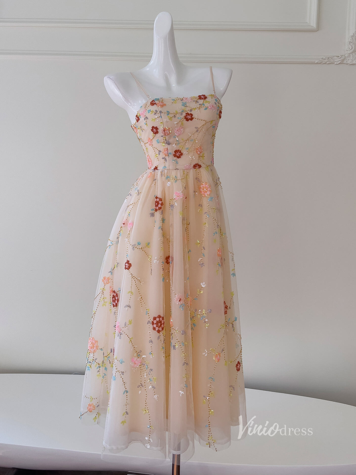 Champagne Beaded Lace Prom Dresses Spaghetti Strap Maxi Dress FD4025-prom dresses 2025 -Viniodress-Champagne-Custom Size-