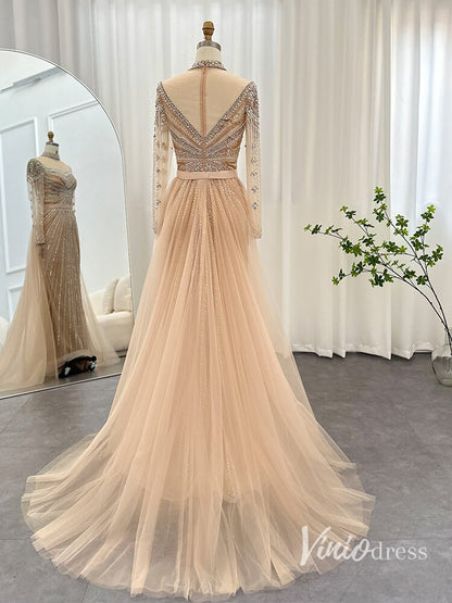 Champagne Beaded Mermaid Evening Dresses with Overskirt Long Sleeve Pageant Dress AD1168-Evening Dresses 2025 -Viniodress-Champagne-US 2-