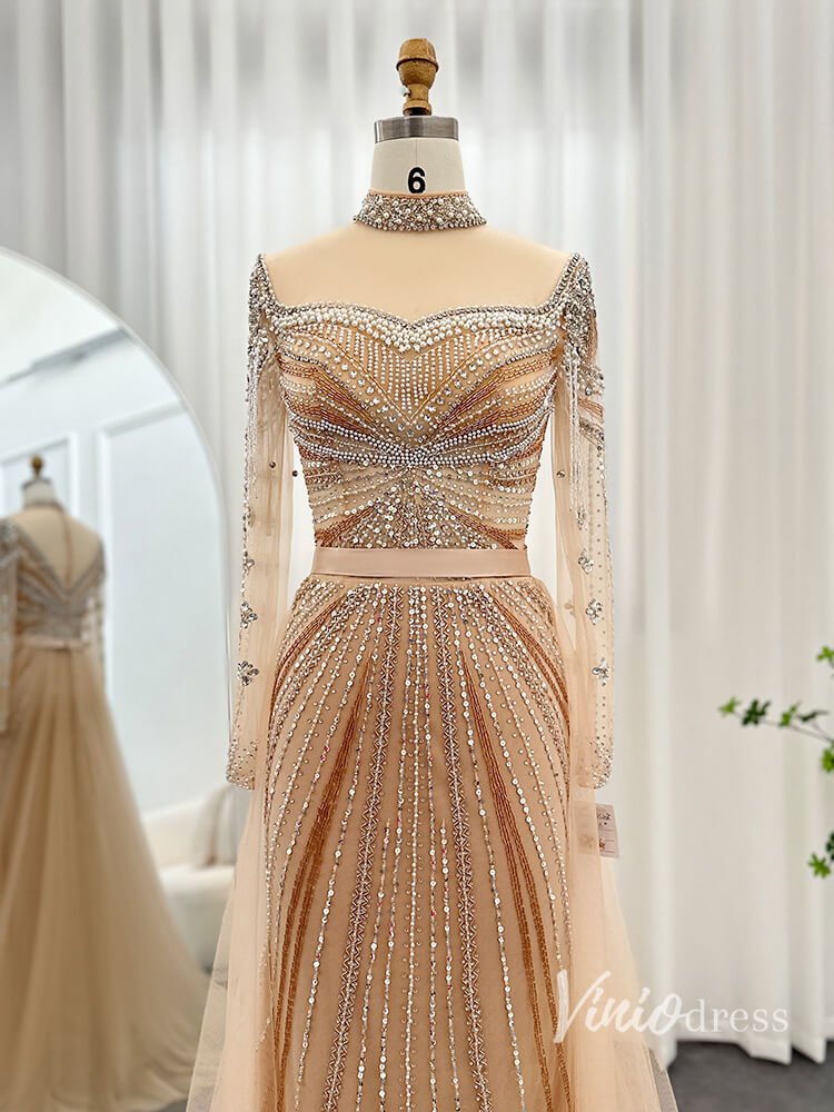 Champagne Beaded Mermaid Evening Dresses with Overskirt Long Sleeve Pageant Dress AD1168-Evening Dresses 2025 -Viniodress-Champagne-US 2-