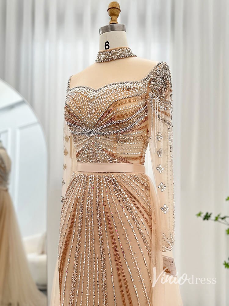 Champagne Beaded Mermaid Evening Dresses with Overskirt Long Sleeve Pageant Dress AD1168-Evening Dresses 2025 -Viniodress-Champagne-US 2-
