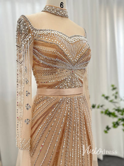 Champagne Beaded Mermaid Evening Dresses with Overskirt Long Sleeve Pageant Dress AD1168-Evening Dresses 2025 -Viniodress-Champagne-US 2-
