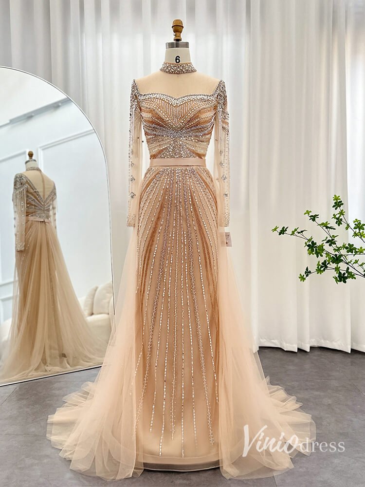 Champagne Beaded Mermaid Evening Dresses with Overskirt Long Sleeve Pageant Dress AD1168-Evening Dresses 2025 -Viniodress-Champagne-US 2-