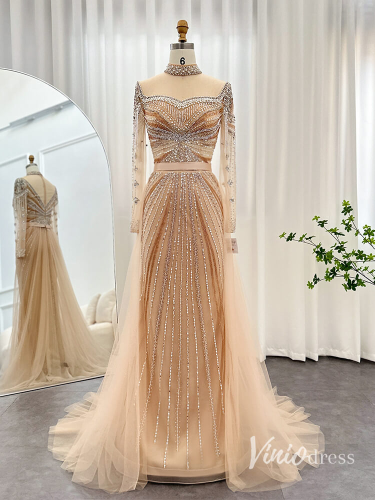 Champagne Beaded Mermaid Evening Dresses with Overskirt Long Sleeve Pageant Dress AD1168-prom dresses-Viniodress-Champagne-US 2-Viniodress