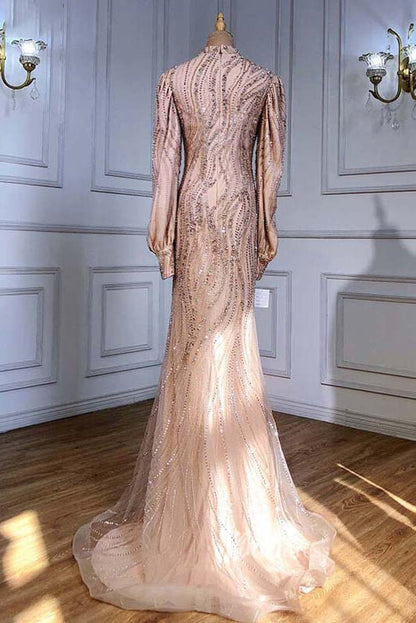 Champagne Beaded Mermaid Pageant Dresses Long Sleeve Prom Dress FD3028-Evening Dresses 2025 -Viniodress-Champagne-US 2-