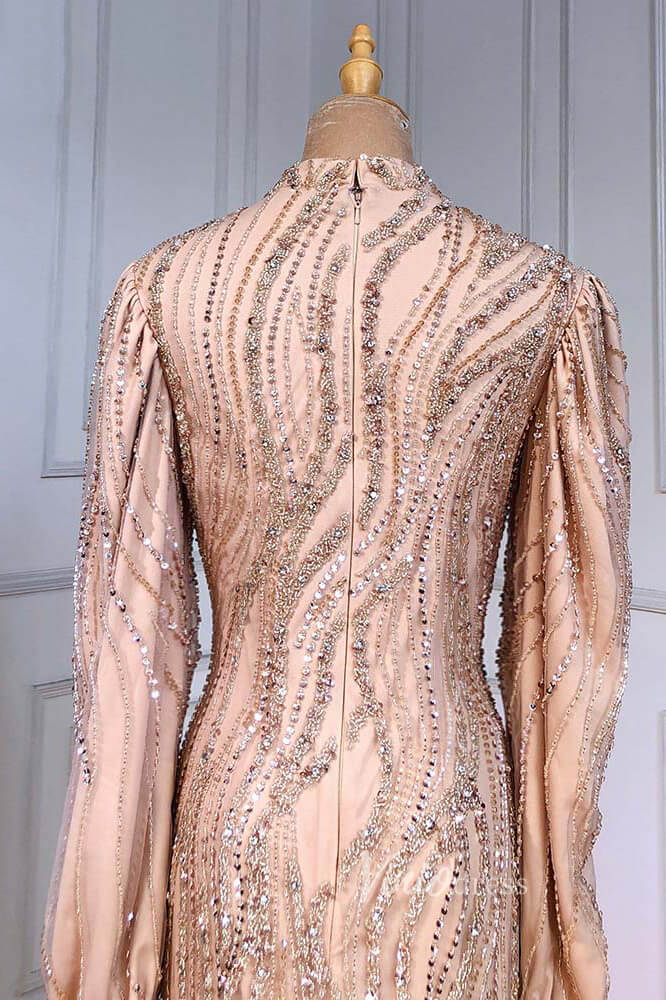 Champagne Beaded Mermaid Pageant Dresses Long Sleeve Prom Dress FD3028-Evening Dresses 2025 -Viniodress-Champagne-US 2-