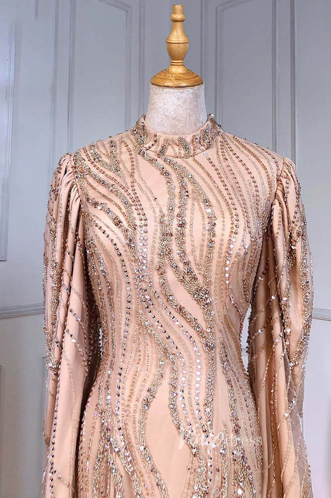 Prom Dress 2025 Champagne Beaded Mermaid Pageant Dresses Long Sleeve Prom Dress FD3028-unique prom dresses-Champagne-US 2-Viniodress