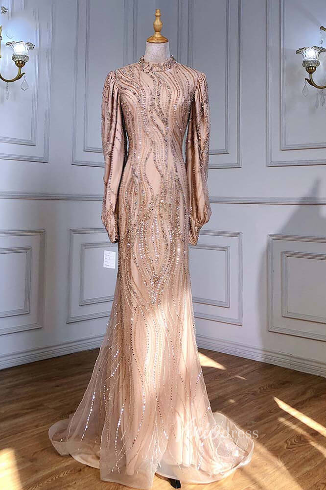 Prom Dress 2025 Champagne Beaded Mermaid Pageant Dresses Long Sleeve Prom Dress FD3028-unique prom dresses-Champagne-US 2-Viniodress