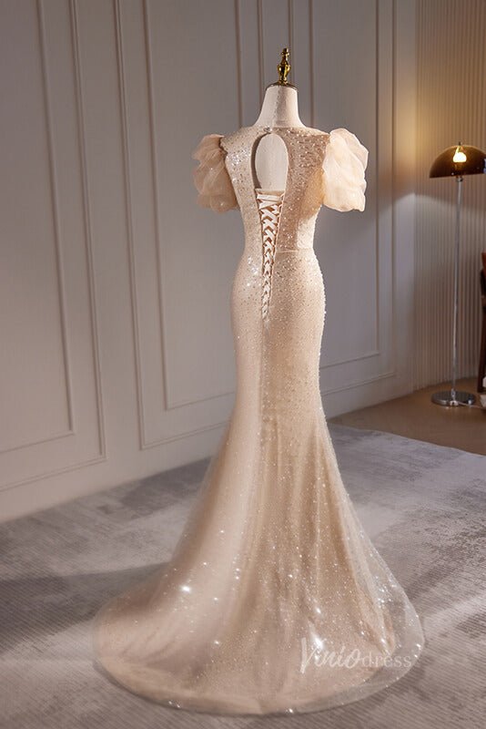 Champagne Beaded Mermaid Prom Dresses Puffed Sleeve Evening Dress AD1091-prom dresses 2025 -Viniodress-Champagne-Custom Size-