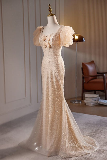 Champagne Beaded Mermaid Prom Dresses Puffed Sleeve Evening Dress AD1091-prom dresses 2025 -Viniodress-Champagne-Custom Size-