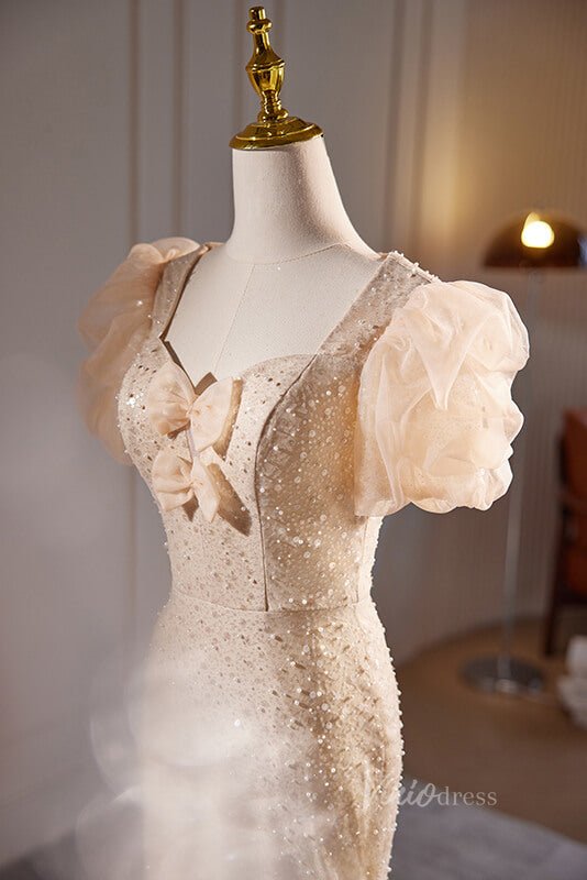 Champagne Beaded Mermaid Prom Dresses Puffed Sleeve Evening Dress AD10 Viniodress Champagne Beaded Mermaid Prom Dresses Puffed Sleeve Evening Dress AD10 Viniodress