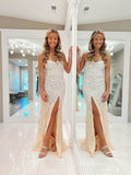 Champagne Beaded Mermaid Prom Dresses with Slit Strapless Evening Dress FD3970