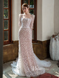 Champagne Beaded Mermaid Wedding Dresses Long Sleeve Bridal Dress VW2194C