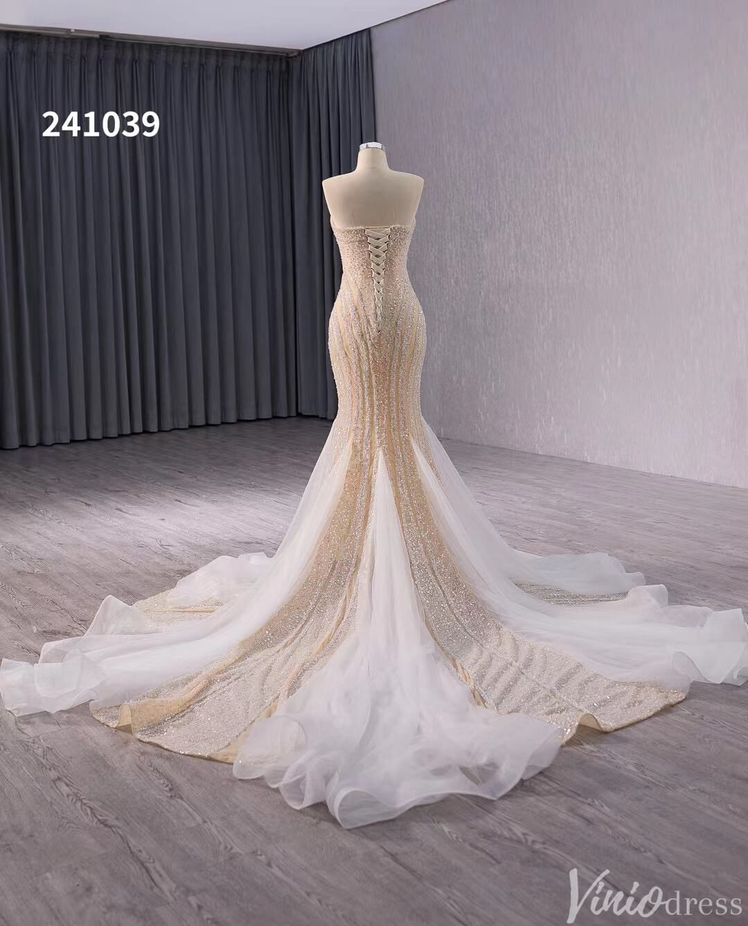 Champagne Beaded Mermaid Wedding Gown Strapless Bridal Dress 241039-wedding dresses 2025 -Viniodress-Champagne-Custom Size-