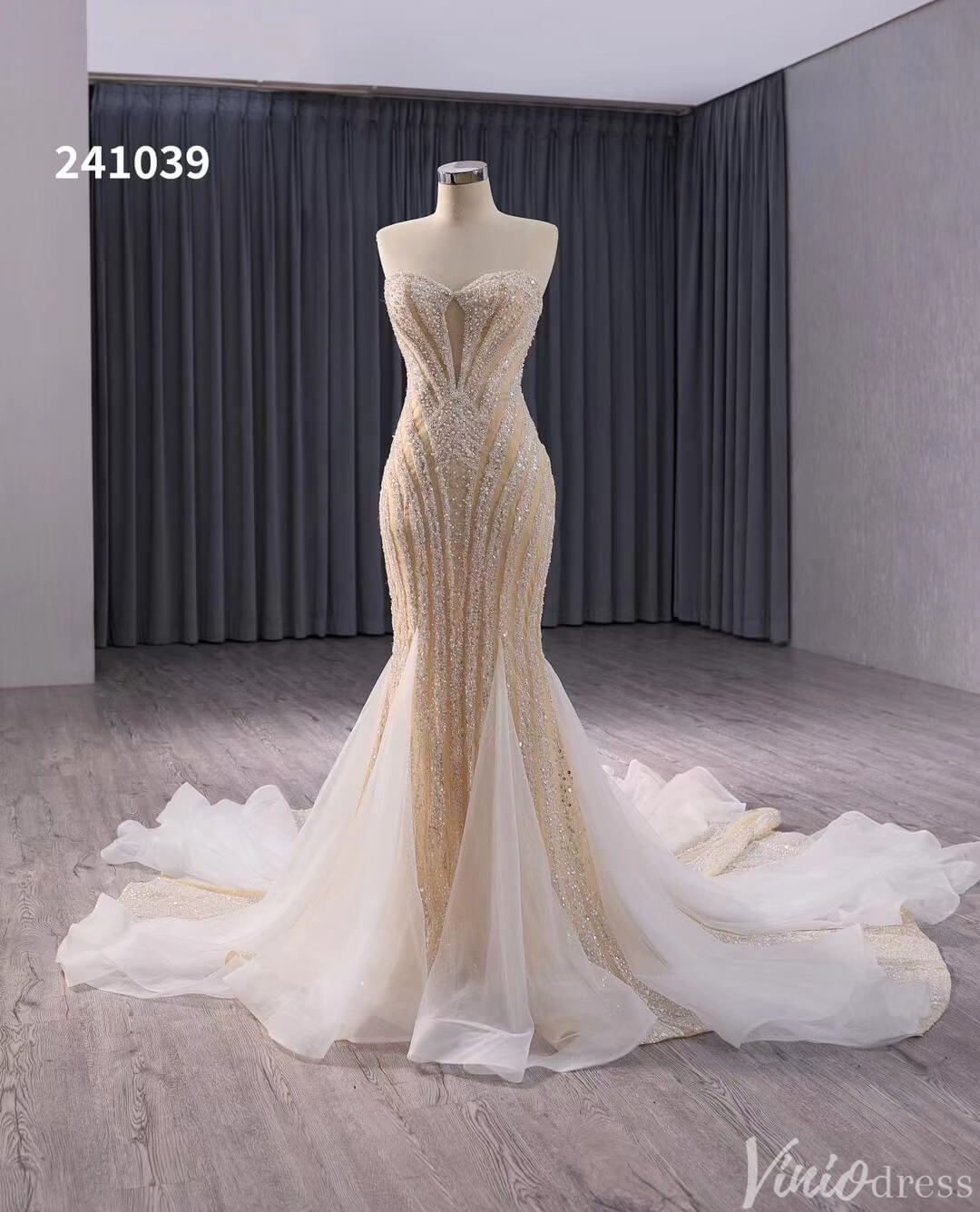 Champagne Beaded Mermaid Wedding Gown Strapless Bridal Dress 241039-wedding dresses 2025 -Viniodress-Champagne-Custom Size-