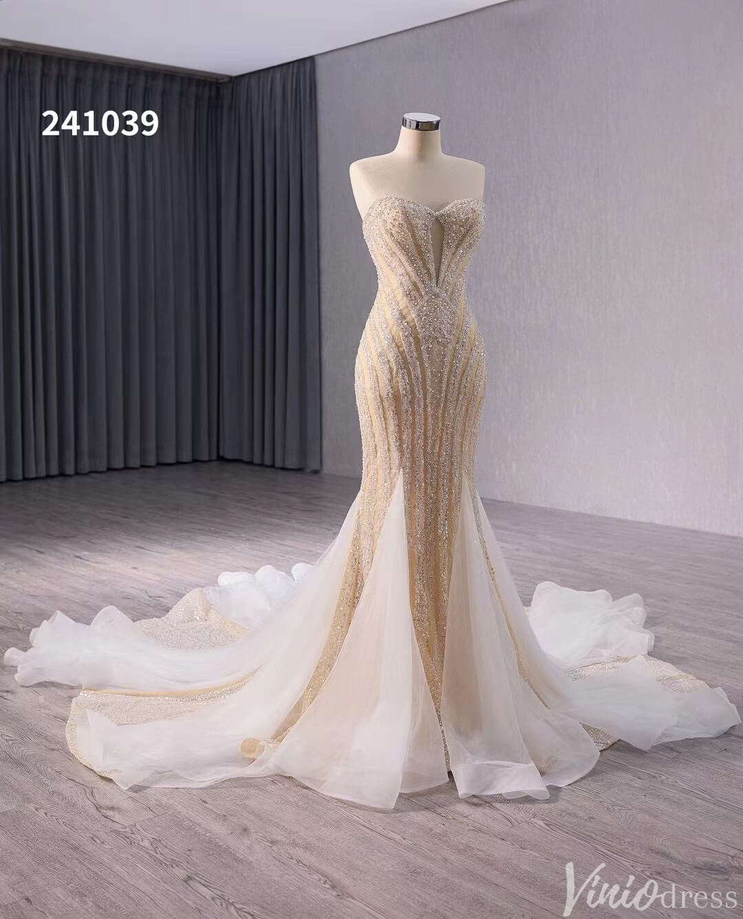 Champagne Beaded Mermaid Wedding Gown Strapless Bridal Dress 241039-wedding dresses 2025 -Viniodress-Champagne-Custom Size-