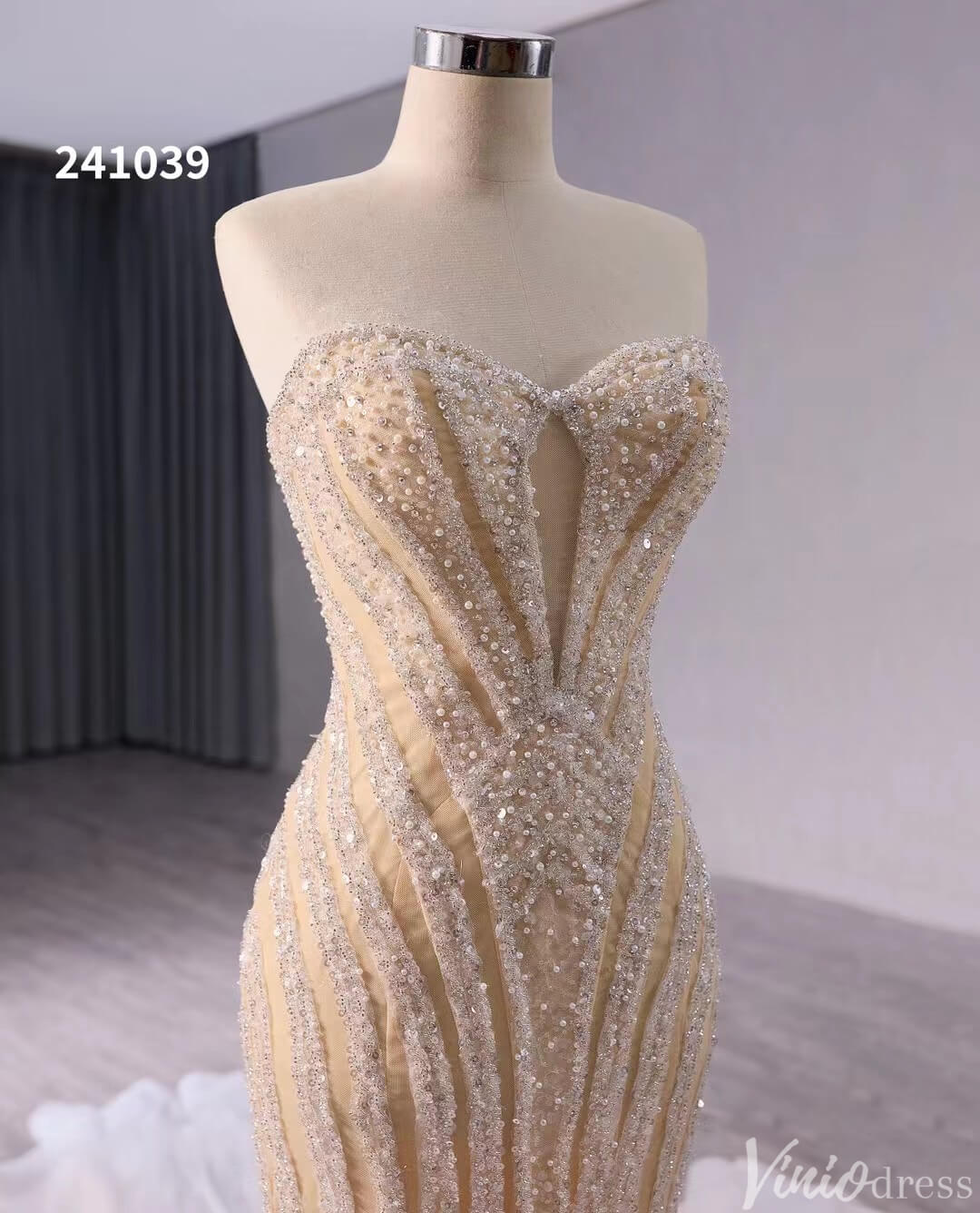 Champagne Beaded Mermaid Wedding Gown Strapless Bridal Dress 241039-wedding dresses 2025 -Viniodress-Champagne-Custom Size-
