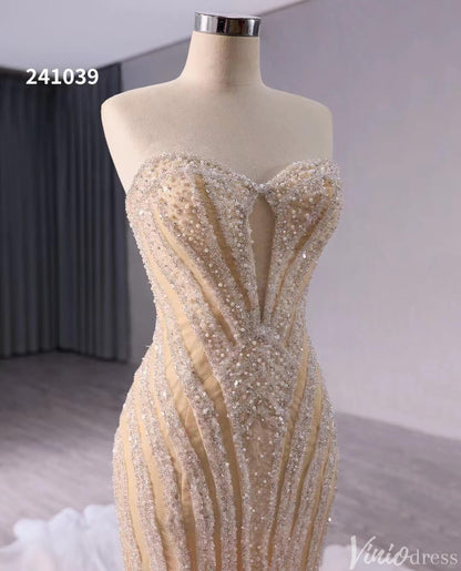 Champagne Beaded Mermaid Wedding Gown Strapless Bridal Dress 241039-wedding dresses 2025 -Viniodress-Champagne-Custom Size-