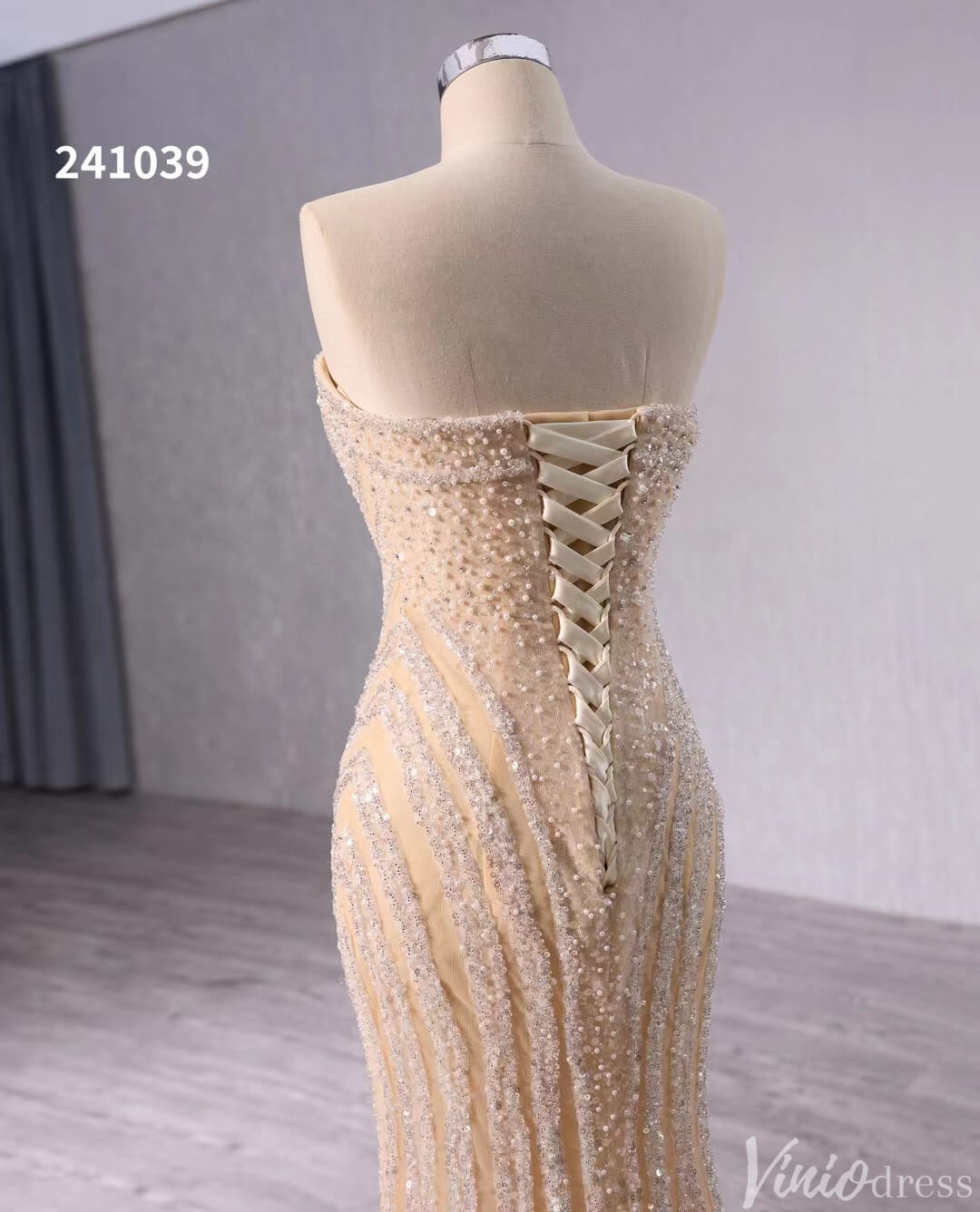 Champagne Beaded Mermaid Wedding Gown Strapless Bridal Dress 241039-wedding dresses 2025 -Viniodress-Champagne-Custom Size-
