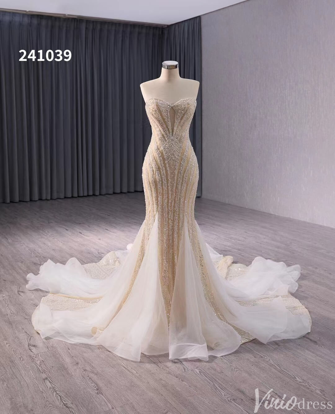 Champagne Beaded Mermaid Wedding Gown Strapless Bridal Dress 241039-wedding dresses 2025 -Viniodress-Champagne-Custom Size-