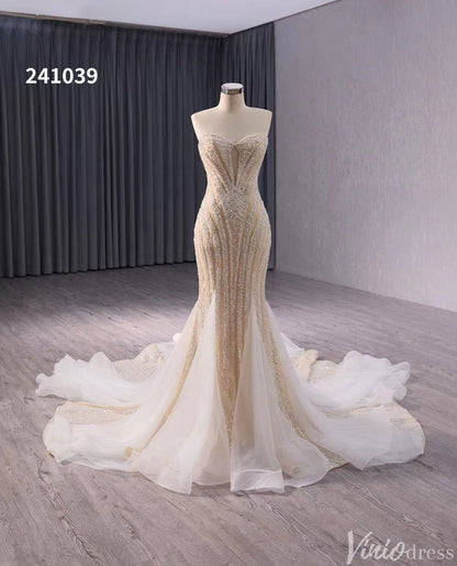 Champagne Beaded Mermaid Wedding Gown Strapless Bridal Dress 241039-wedding dresses 2025 -Viniodress-Champagne-Custom Size-
