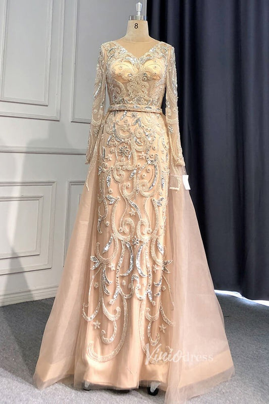 Champagne Beaded Pageant Dresses Long Sleeve Prom Dress FD3027-Evening Dresses 2025 -Viniodress-Champagne-US 2-