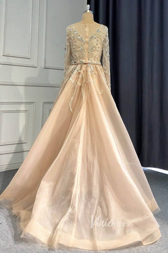 Champagne Beaded Pageant Dresses Long Sleeve Prom Dress FD3027-Evening Dresses 2025 -Viniodress-Champagne-US 2-