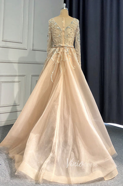 Champagne Beaded Pageant Dresses Long Sleeve Prom Dress FD3027-Evening Dresses 2025 -Viniodress-Champagne-US 2-