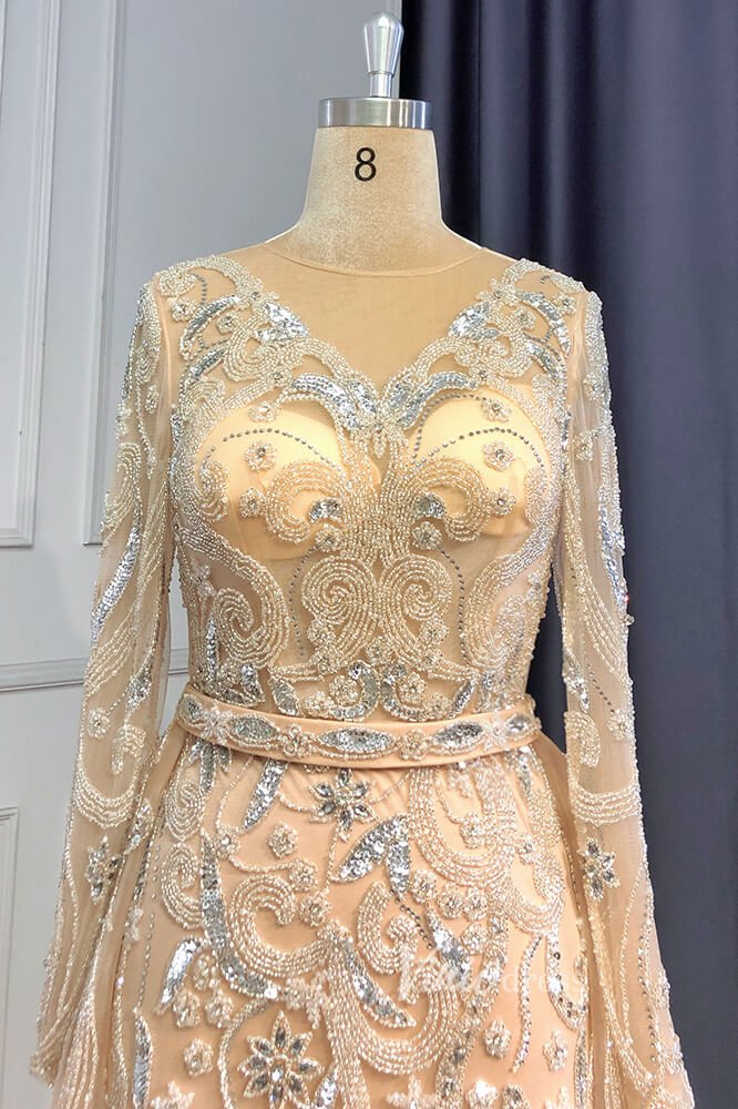 Champagne Beaded Pageant Dresses Long Sleeve Prom Dress FD3027-Evening Dresses 2025 -Viniodress-Champagne-US 2-