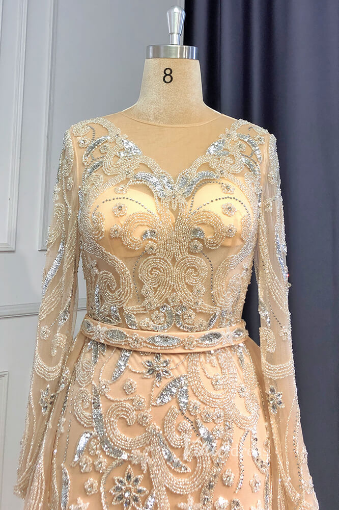 Prom Dress 2025 Champagne Beaded Pageant Dresses Long Sleeve Prom Dress FD3027-unique prom dresses-Champagne-US 2-Viniodress